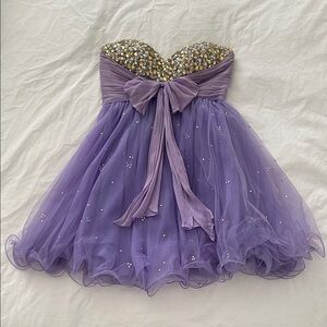 Sherri Hill Strapless Lavender Purple Tulle Dress with Jeweled Bodice